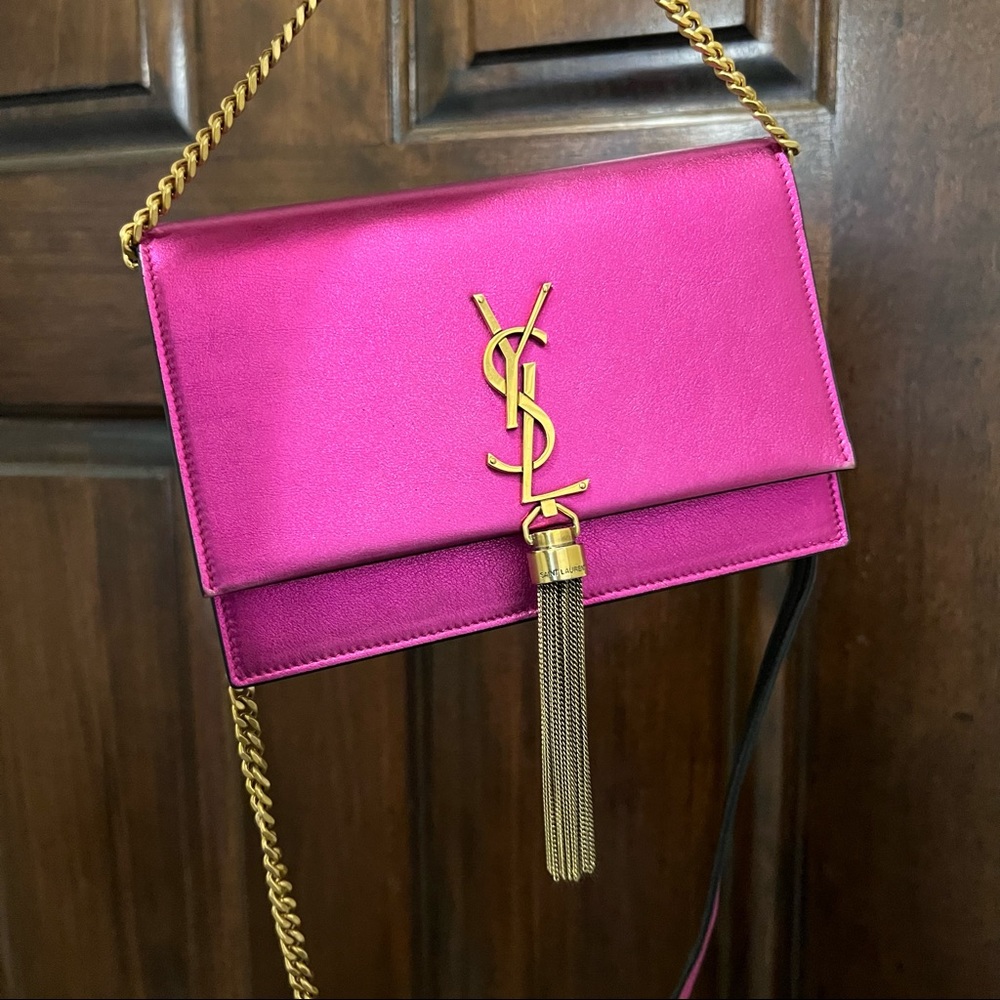 Saint Laurent Classic Monogram Leather Wallet On Chain W/ Tassel Metallic Pink - Picture 2 of 16